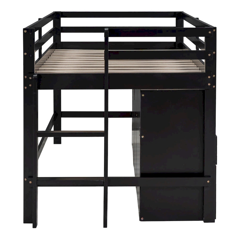 Lit mezzanine double espresso en bois massif avec tiroirs et armoire