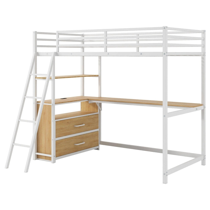 Lit mezzanine double en métal et bois avec bureau, éclairage LED, tiroirs et étagères