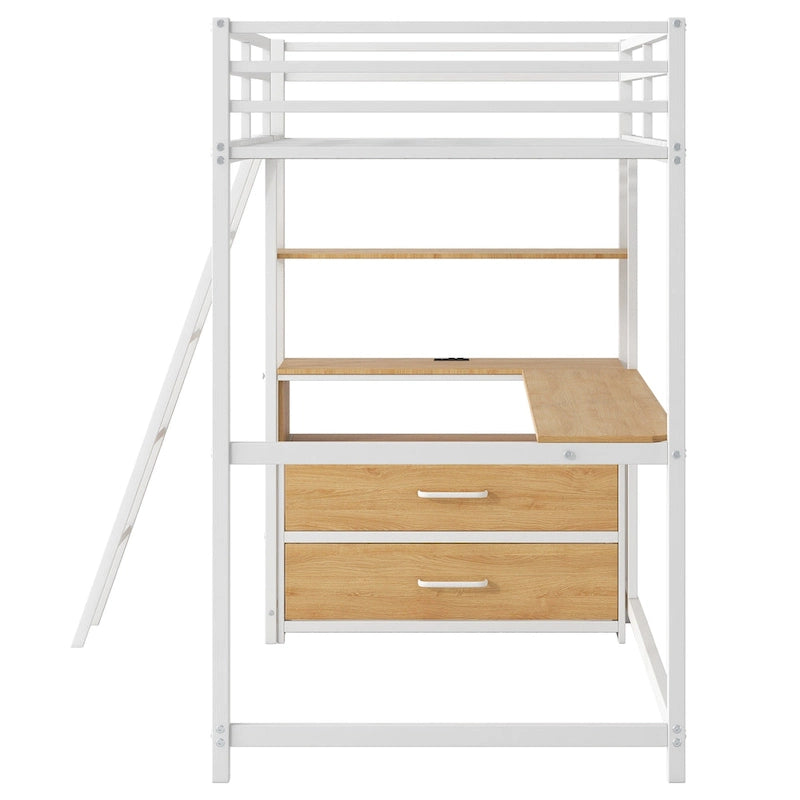 Lit mezzanine double en métal et bois avec bureau, éclairage LED, tiroirs et étagères