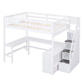 White Full Size Pine Wood Loft Bed with L-Shaped Desk and Storage