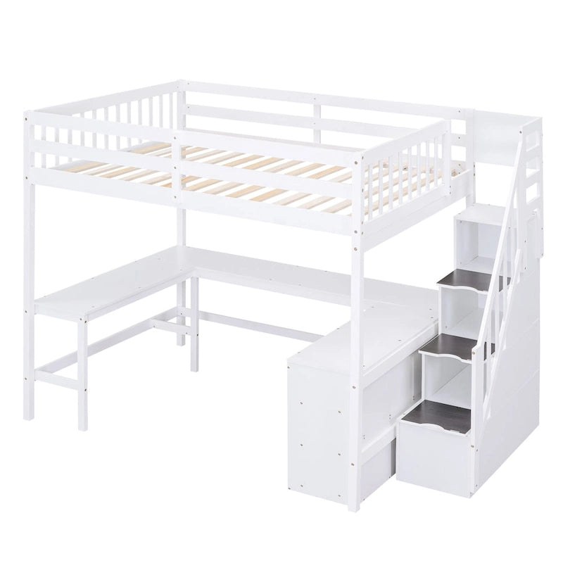 White Full Size Pine Wood Loft Bed with L-Shaped Desk and Storage