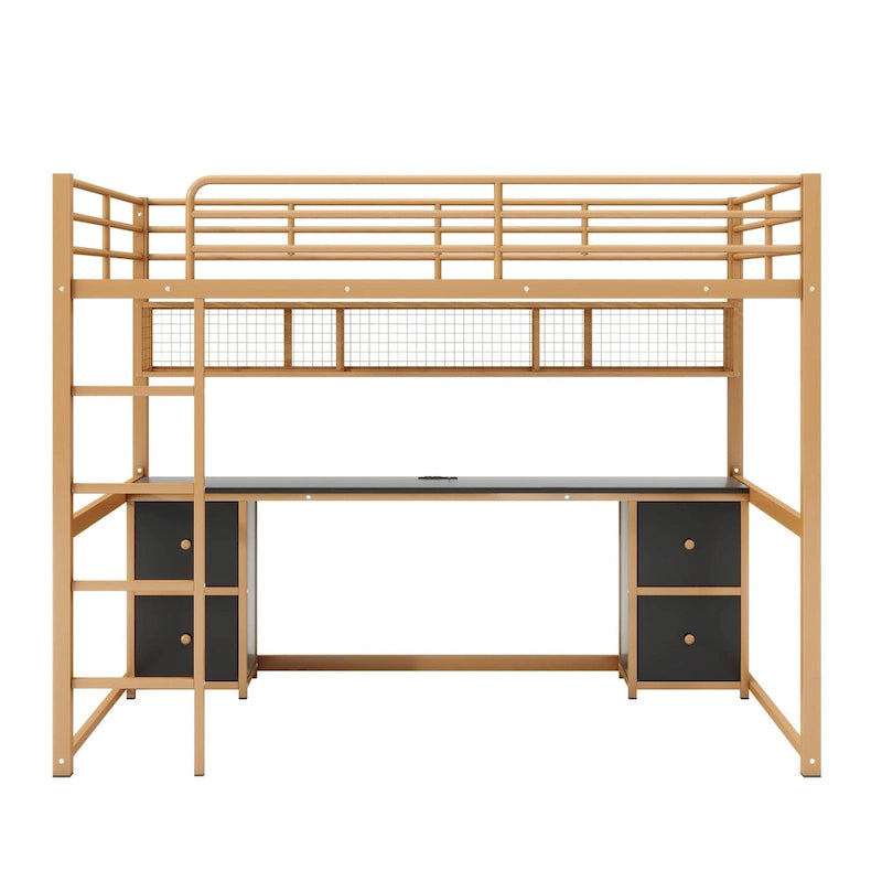 Lit mezzanine en métal pleine grandeur avec bureau, station de recharge, tiroirs et armoire de rangement