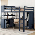 Lit mezzanine en bois de pin grand format bleu foncé avec armoire, étagère et bureau