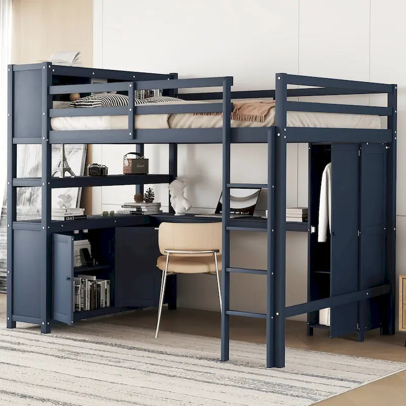 Lit mezzanine en bois de pin grand format bleu foncé avec armoire, étagère et bureau