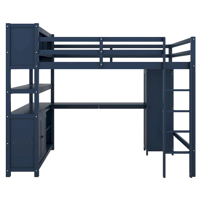 Lit mezzanine en bois de pin grand format bleu foncé avec armoire, étagère et bureau
