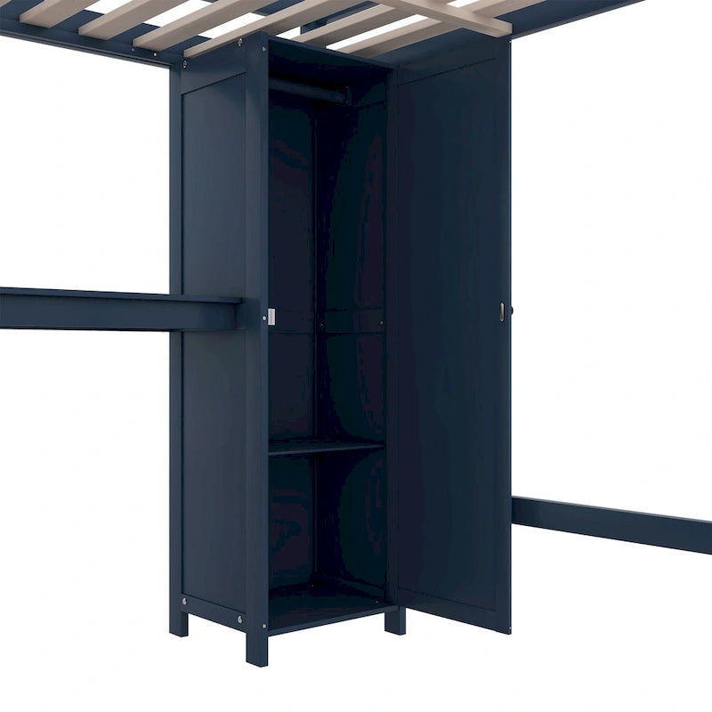 Lit mezzanine en bois de pin grand format bleu foncé avec armoire, étagère et bureau