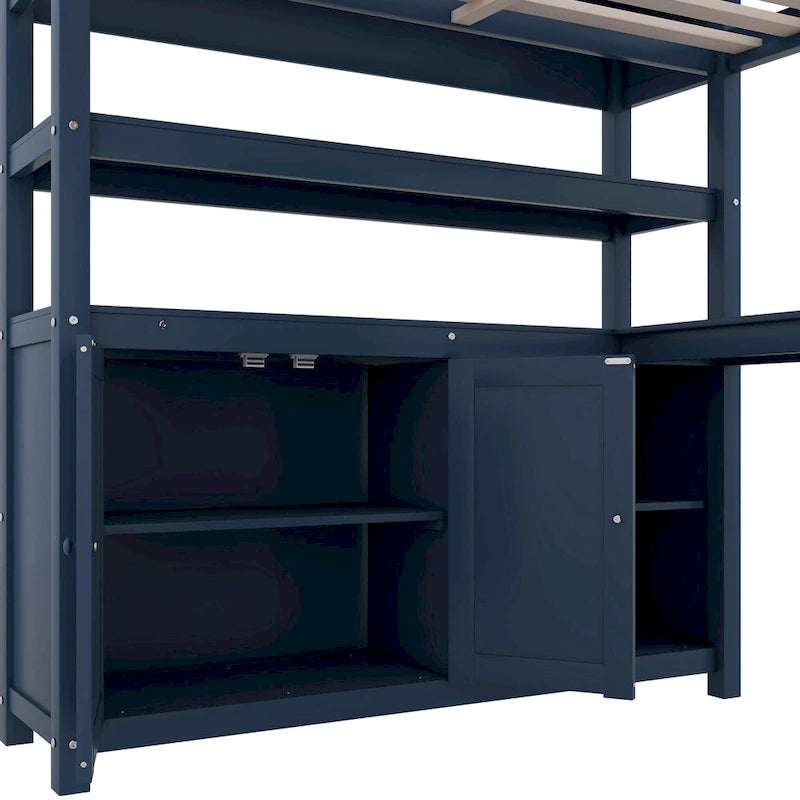 Lit mezzanine en bois de pin grand format bleu foncé avec armoire, étagère et bureau