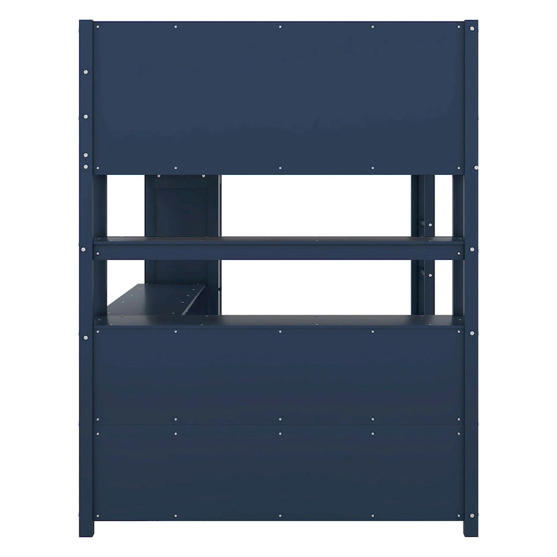 Lit mezzanine en bois de pin grand format bleu foncé avec armoire, étagère et bureau
