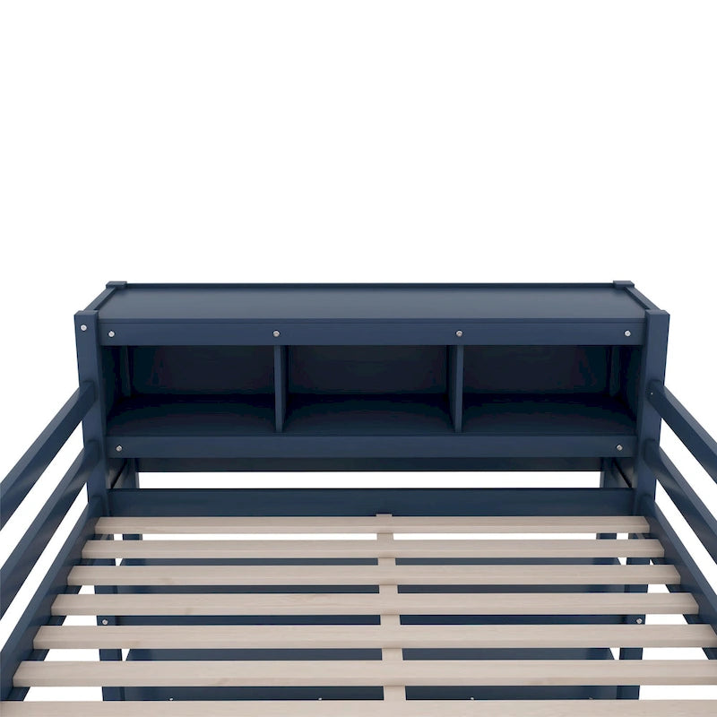 Lit mezzanine en bois de pin grand format bleu foncé avec armoire, étagère et bureau