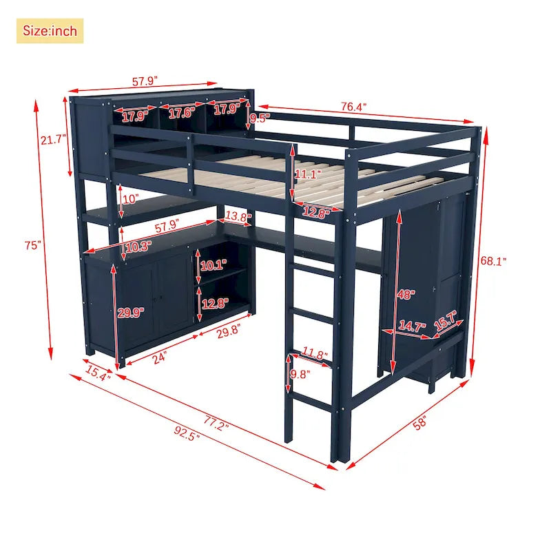 Lit mezzanine en bois de pin grand format bleu foncé avec armoire, étagère et bureau