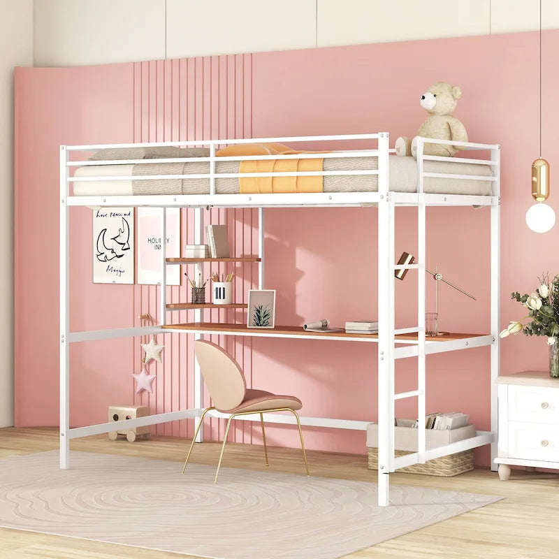 Lit mezzanine en métal pleine grandeur avec bureau, étagère et échelle