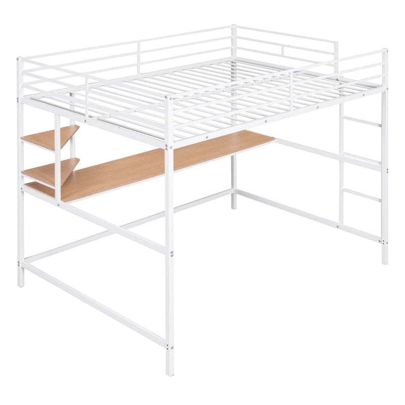 Lit mezzanine en métal pleine grandeur avec bureau, étagère et échelle