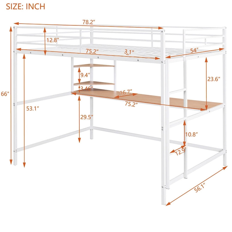 Lit mezzanine en métal pleine grandeur avec bureau, étagère et échelle