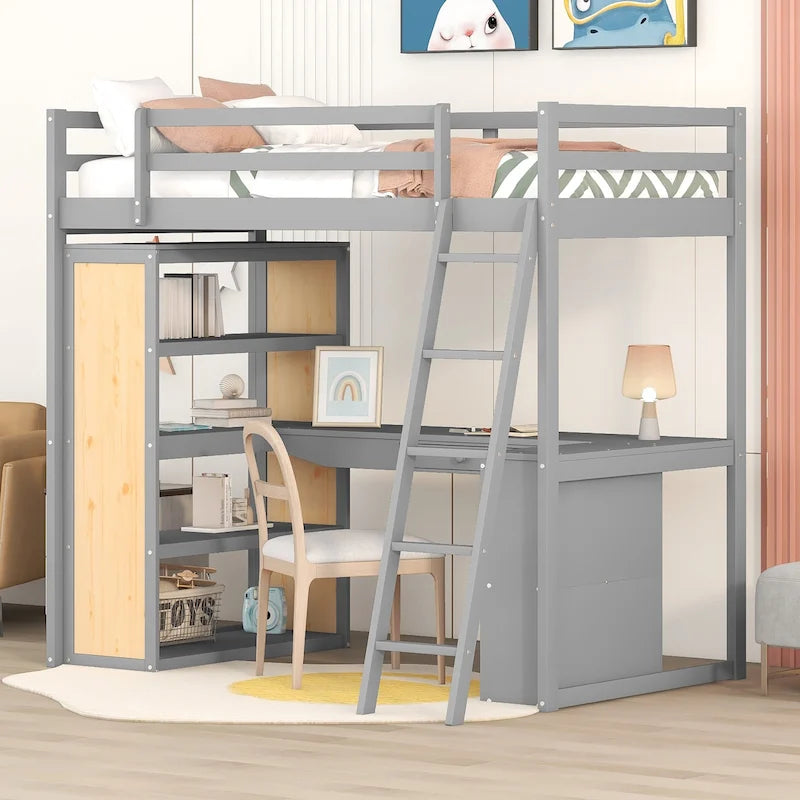 Lit mezzanine simple avec bureau et étagères