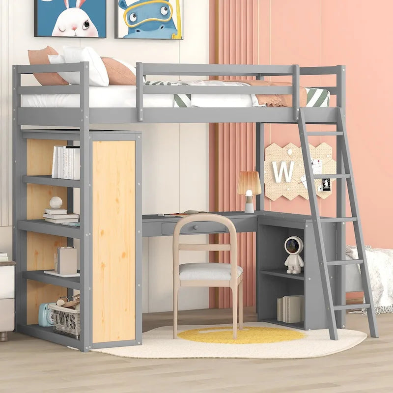 Lit mezzanine simple avec bureau et étagères