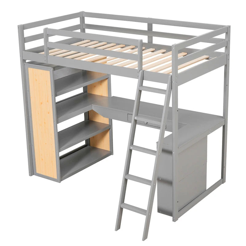 Lit mezzanine simple avec bureau et étagères