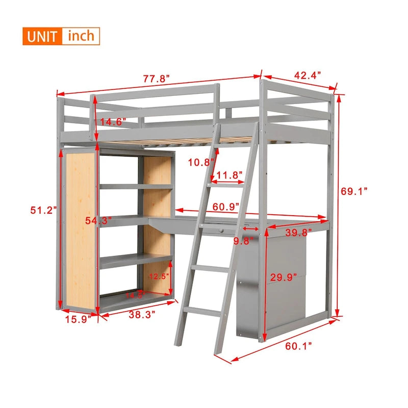 Lit mezzanine simple avec bureau et étagères