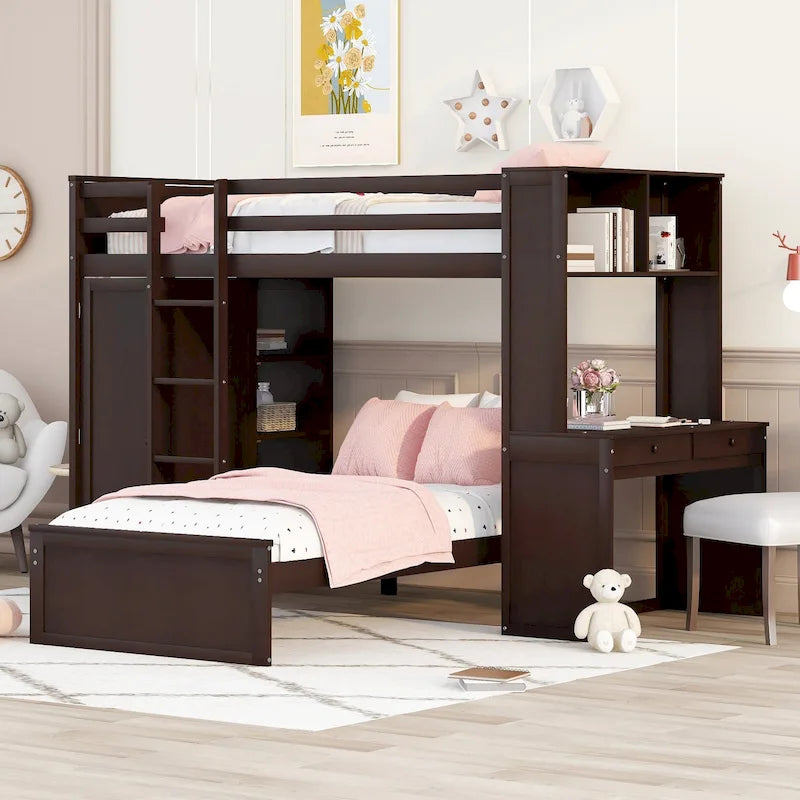 Lit mezzanine en pin, format jumeau, avec lit inférieur détachable, bureau, armoire et étagères
