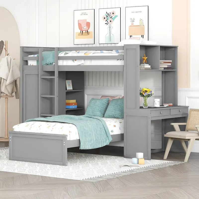 Lit mezzanine en pin, format jumeau, avec lit inférieur détachable, bureau, armoire et étagères