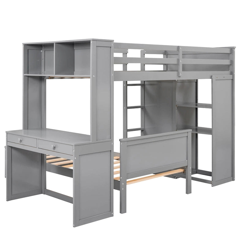 Lit mezzanine en pin, format jumeau, avec lit inférieur détachable, bureau, armoire et étagères