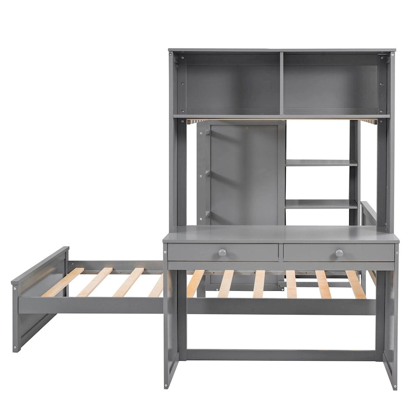 Lit mezzanine en pin, format jumeau, avec lit inférieur détachable, bureau, armoire et étagères