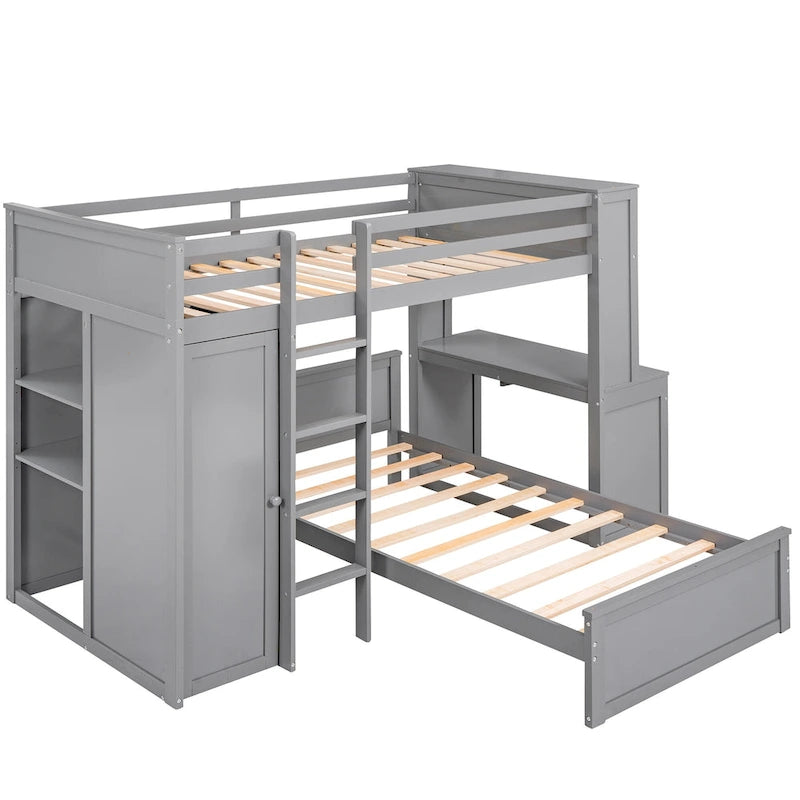 Lit mezzanine en pin, format jumeau, avec lit inférieur détachable, bureau, armoire et étagères