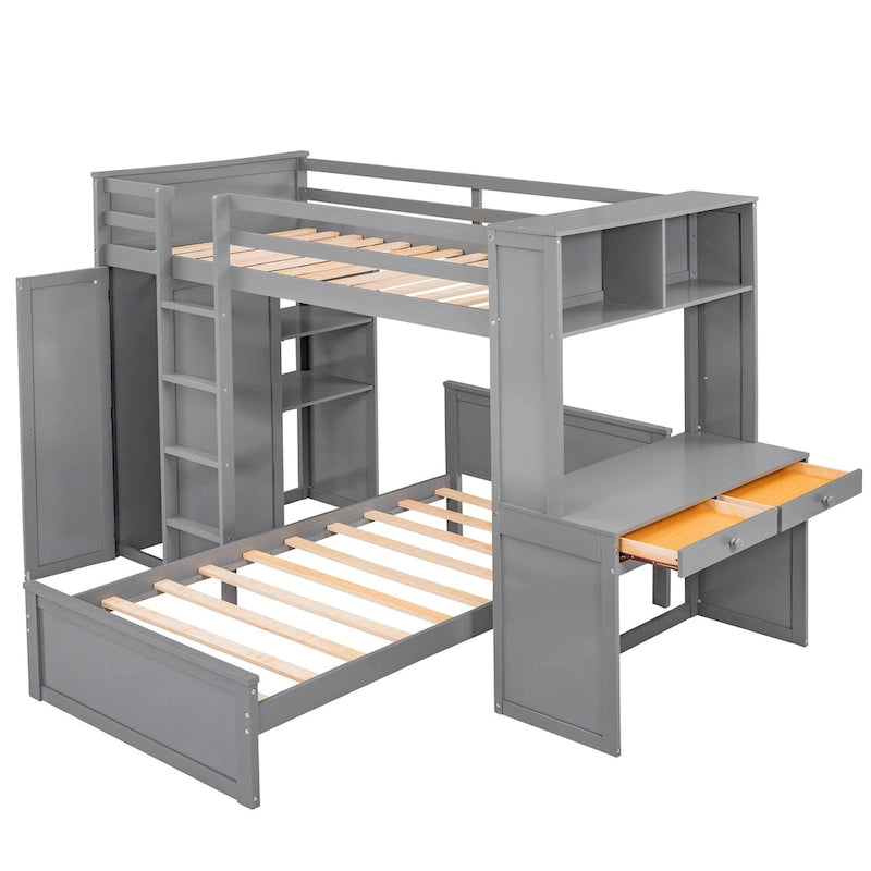 Lit mezzanine en pin, format jumeau, avec lit inférieur détachable, bureau, armoire et étagères