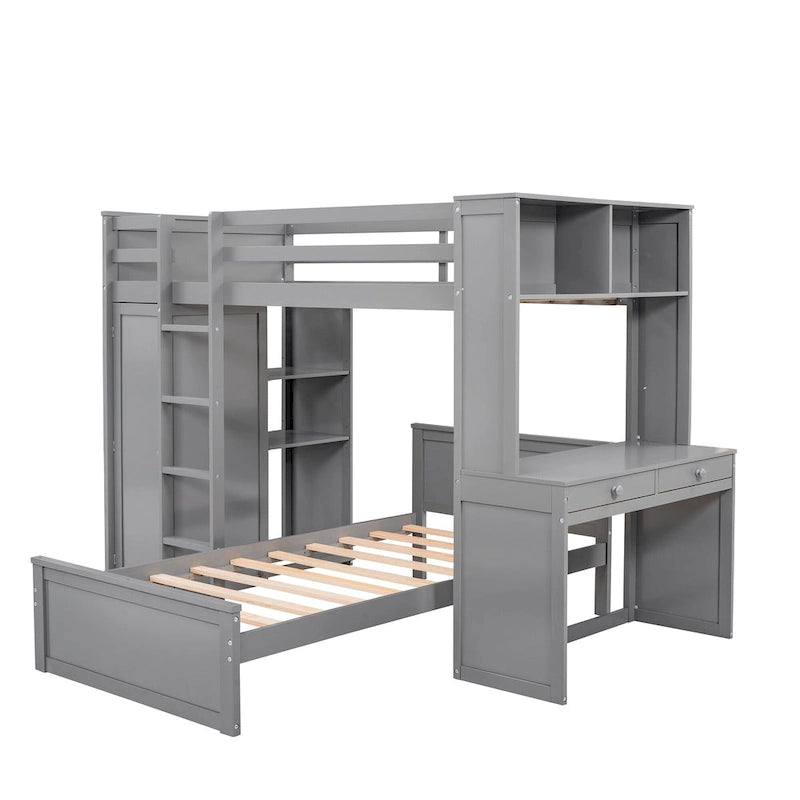 Lit mezzanine en pin, format jumeau, avec lit inférieur détachable, bureau, armoire et étagères