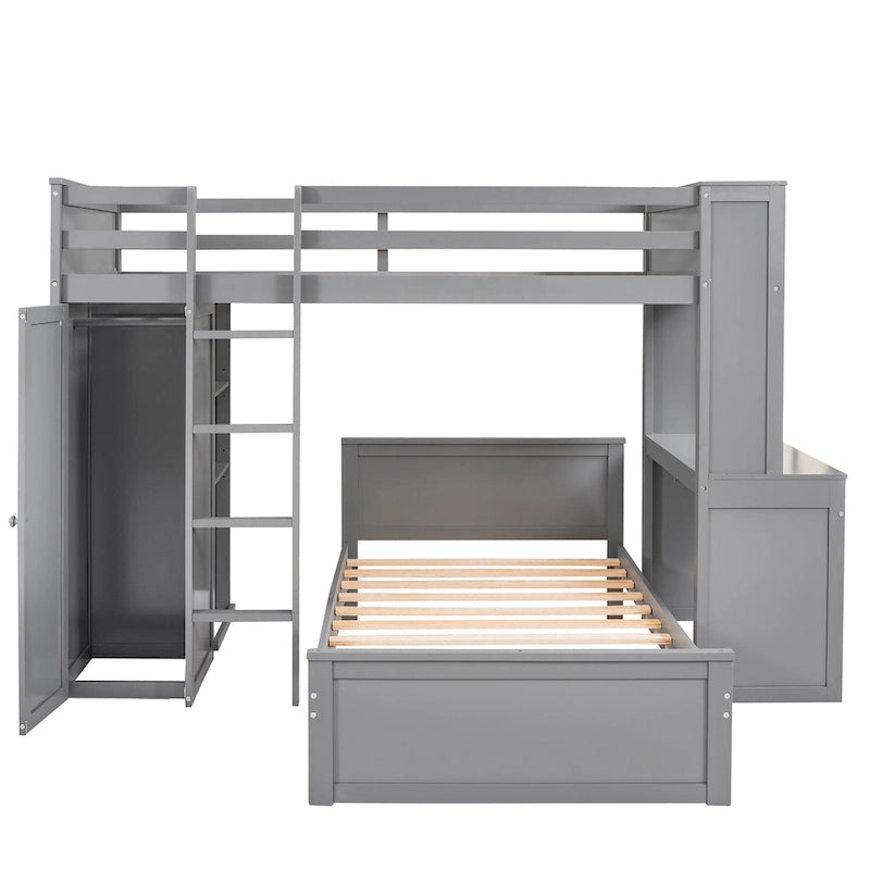 Lit mezzanine en pin, format jumeau, avec lit inférieur détachable, bureau, armoire et étagères