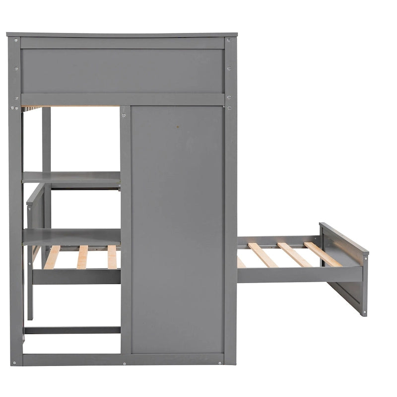 Lit mezzanine en pin, format jumeau, avec lit inférieur détachable, bureau, armoire et étagères