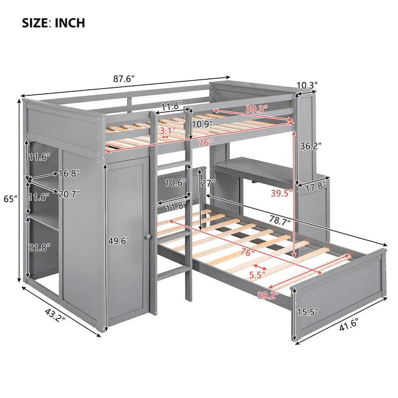 Lit mezzanine en pin, format jumeau, avec lit inférieur détachable, bureau, armoire et étagères