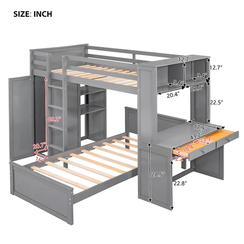 Lit mezzanine en pin, format jumeau, avec lit inférieur détachable, bureau, armoire et étagères