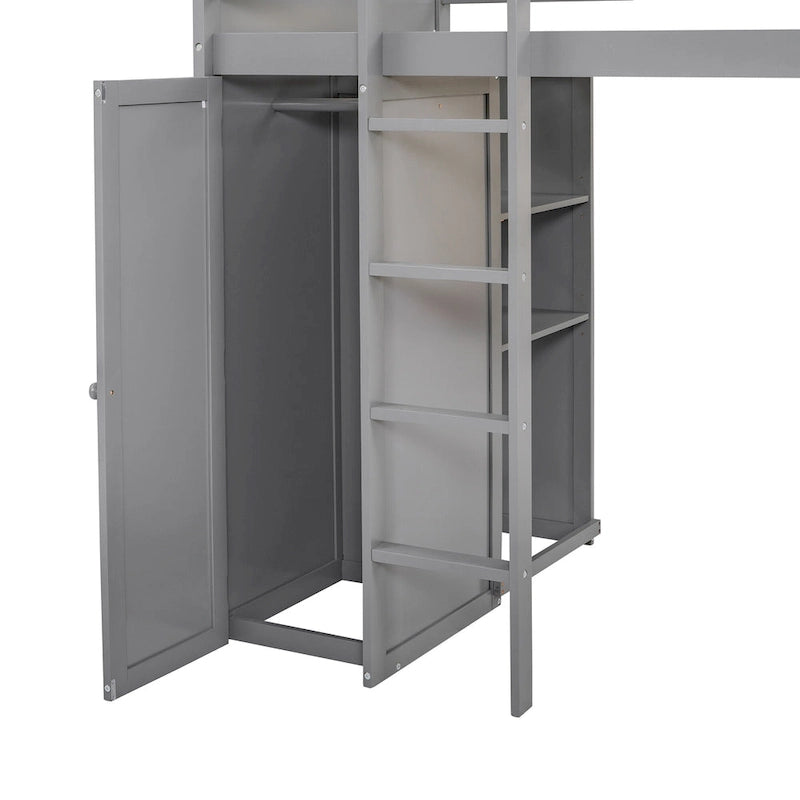 Lit mezzanine en pin, format jumeau, avec lit inférieur détachable, bureau, armoire et étagères