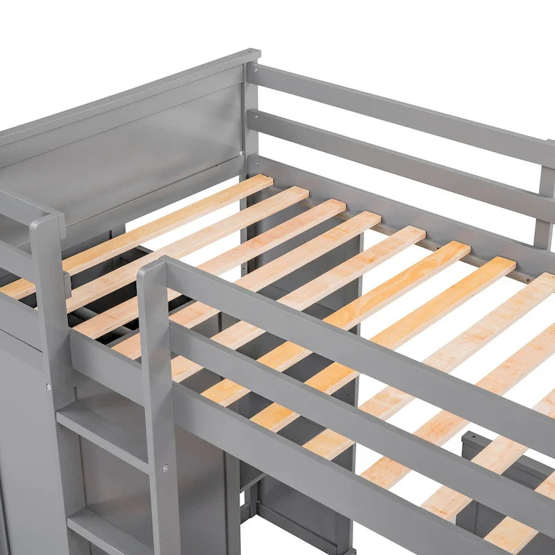 Lit mezzanine en pin, format jumeau, avec lit inférieur détachable, bureau, armoire et étagères