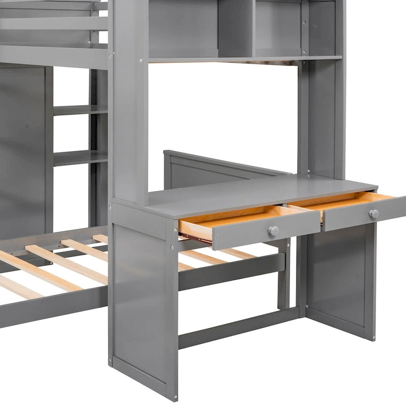 Lit mezzanine en pin, format jumeau, avec lit inférieur détachable, bureau, armoire et étagères