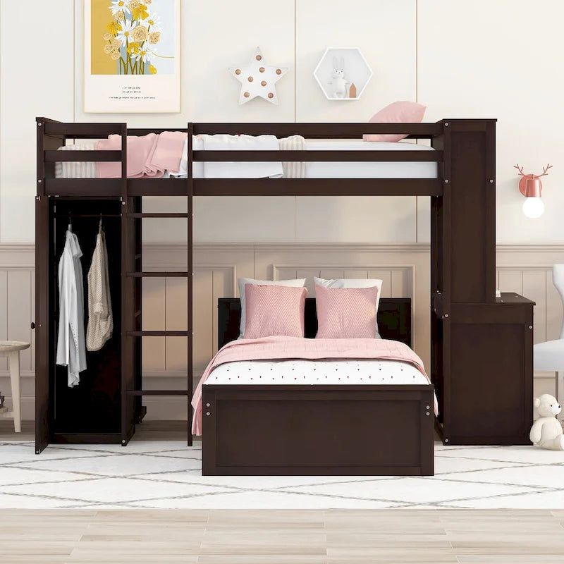 Lit mezzanine en pin, format jumeau, avec lit inférieur détachable, bureau, armoire et étagères