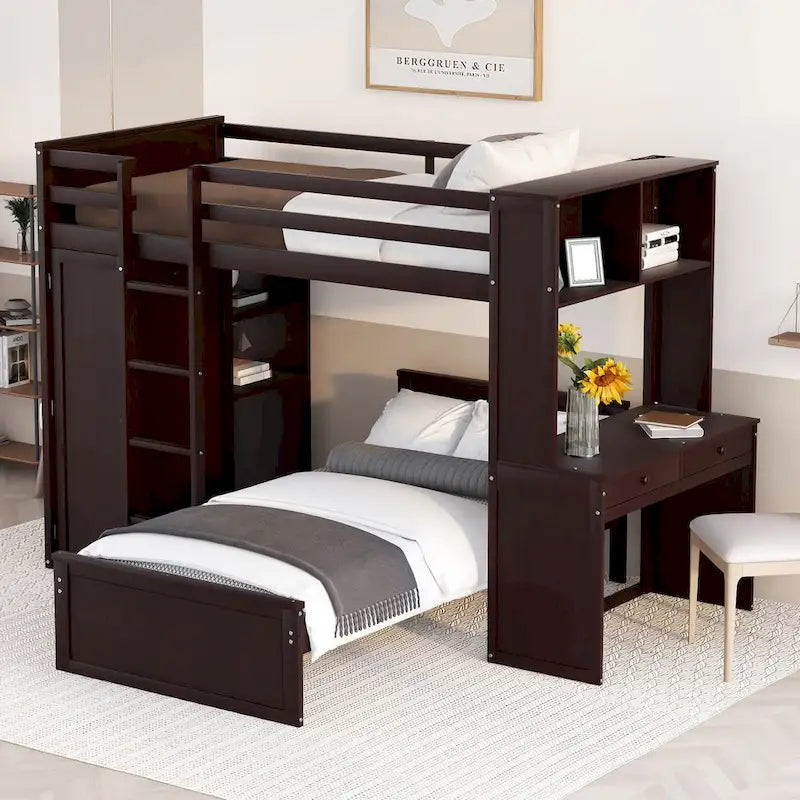 Lit mezzanine en pin, format jumeau, avec lit inférieur détachable, bureau, armoire et étagères