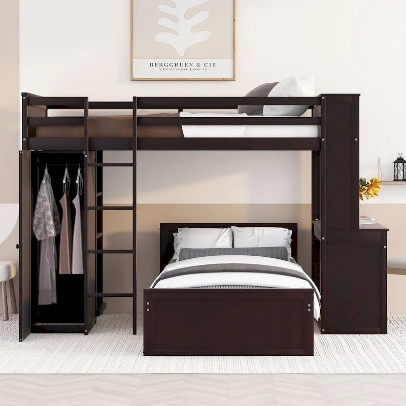 Lit mezzanine en pin, format jumeau, avec lit inférieur détachable, bureau, armoire et étagères