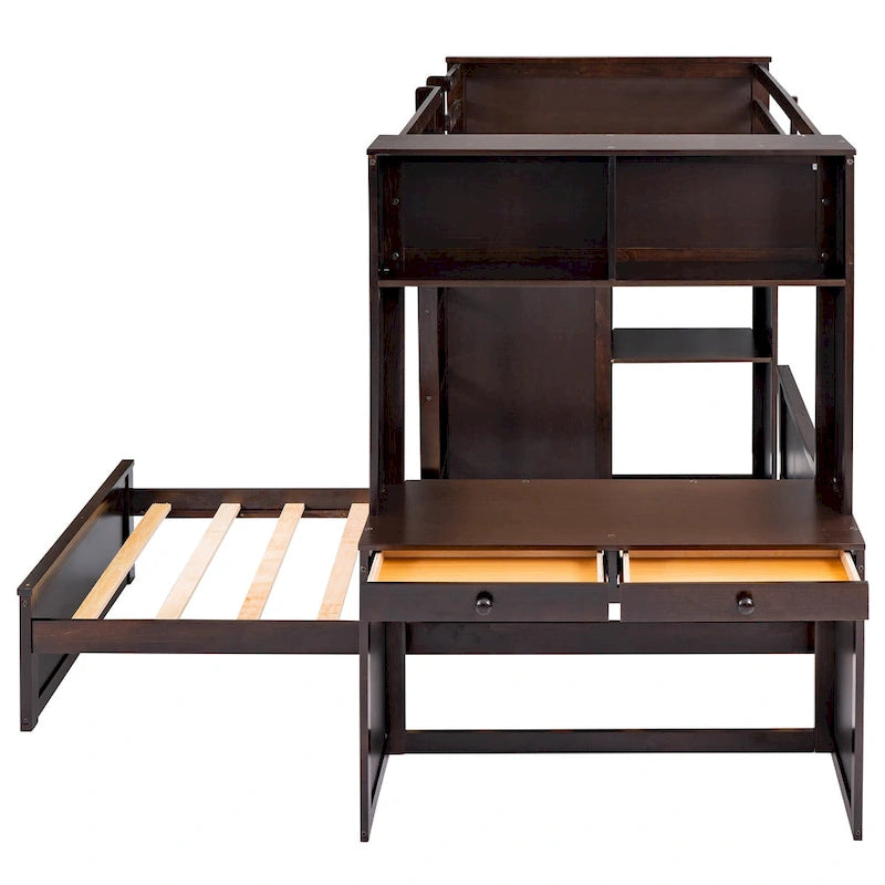 Lit mezzanine en pin, format jumeau, avec lit inférieur détachable, bureau, armoire et étagères