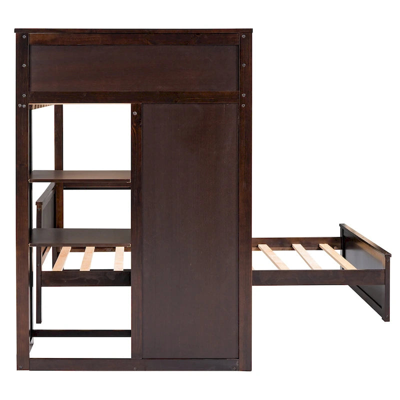 Lit mezzanine en pin, format jumeau, avec lit inférieur détachable, bureau, armoire et étagères