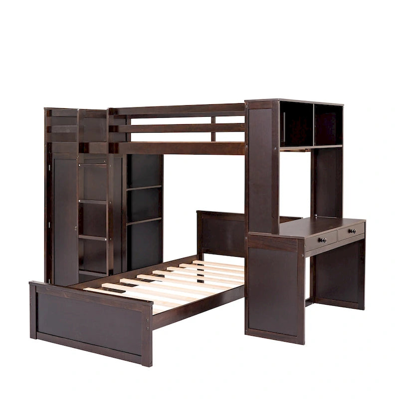 Lit mezzanine en pin, format jumeau, avec lit inférieur détachable, bureau, armoire et étagères