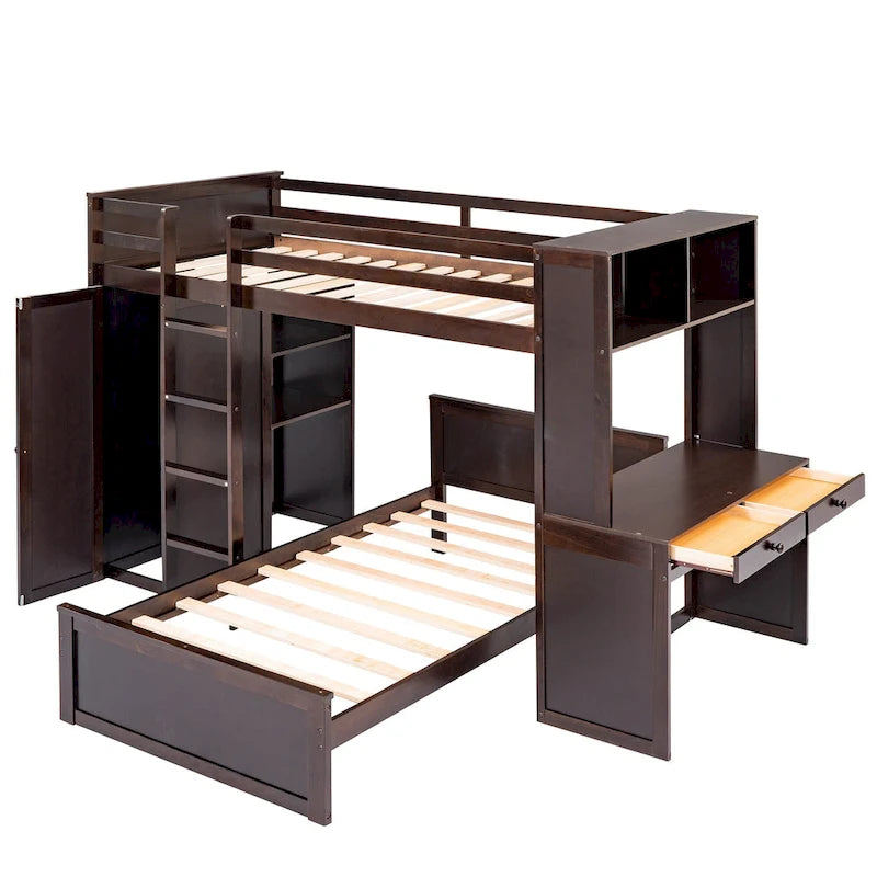 Lit mezzanine en pin, format jumeau, avec lit inférieur détachable, bureau, armoire et étagères