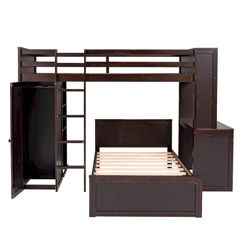 Lit mezzanine en pin, format jumeau, avec lit inférieur détachable, bureau, armoire et étagères