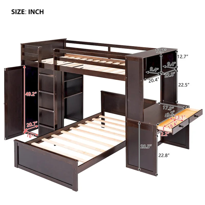 Lit mezzanine en pin, format jumeau, avec lit inférieur détachable, bureau, armoire et étagères
