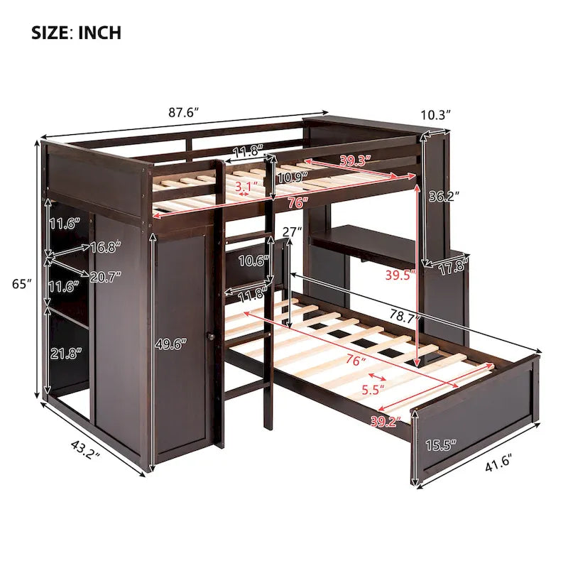 Lit mezzanine en pin, format jumeau, avec lit inférieur détachable, bureau, armoire et étagères