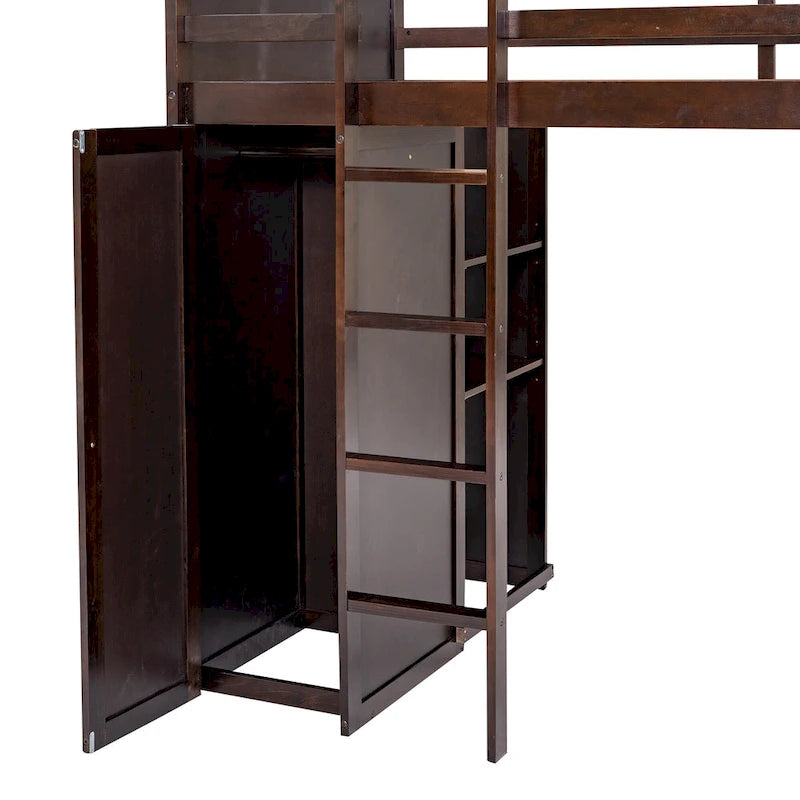 Lit mezzanine en pin, format jumeau, avec lit inférieur détachable, bureau, armoire et étagères