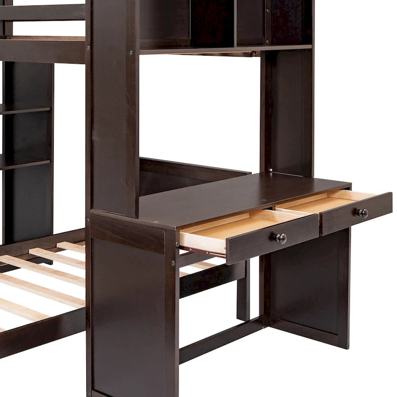 Lit mezzanine en pin, format jumeau, avec lit inférieur détachable, bureau, armoire et étagères