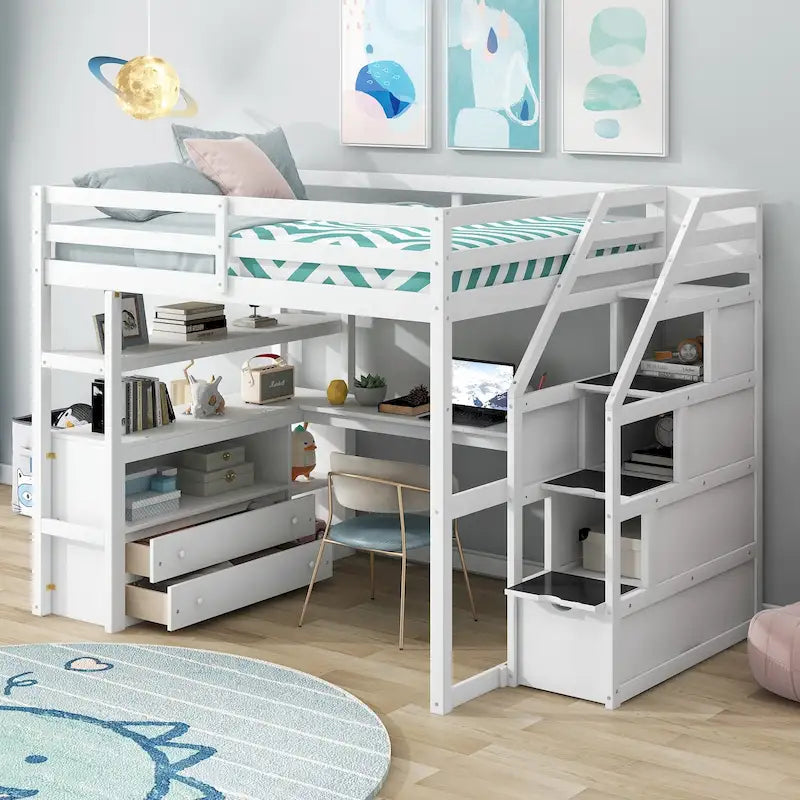 Lit mezzanine pleine grandeur avec bureau, étagères et tiroirs de rangement