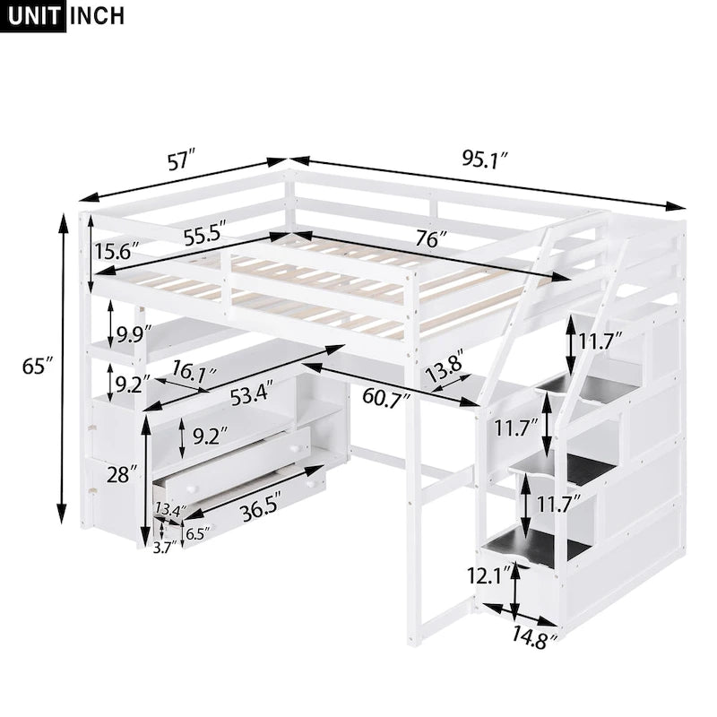 Full Pine Loft Bed with Desk and Storage