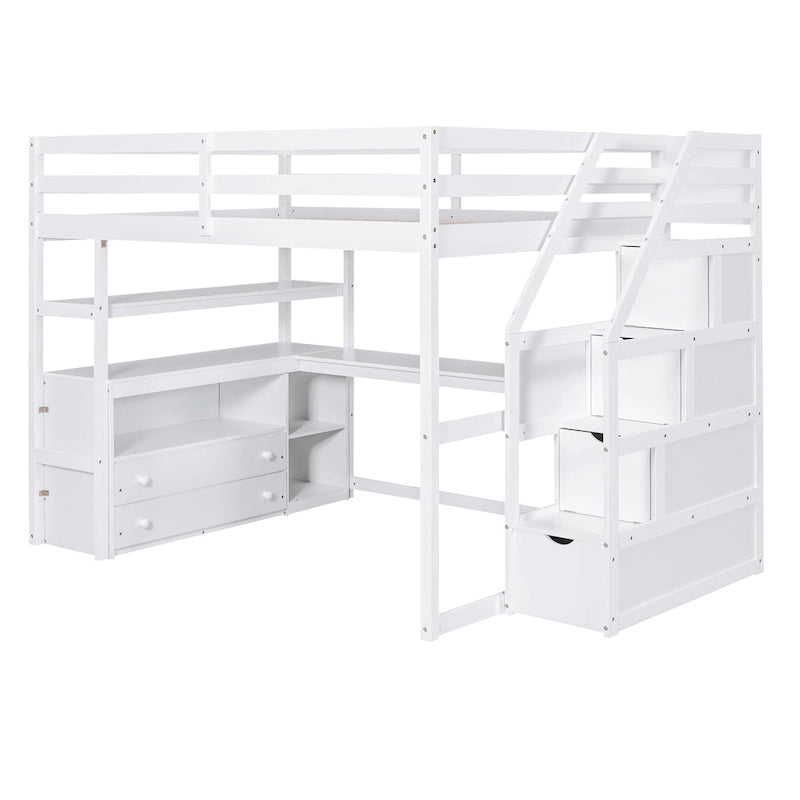 Lit mezzanine pleine grandeur avec bureau, étagères et tiroirs de rangement